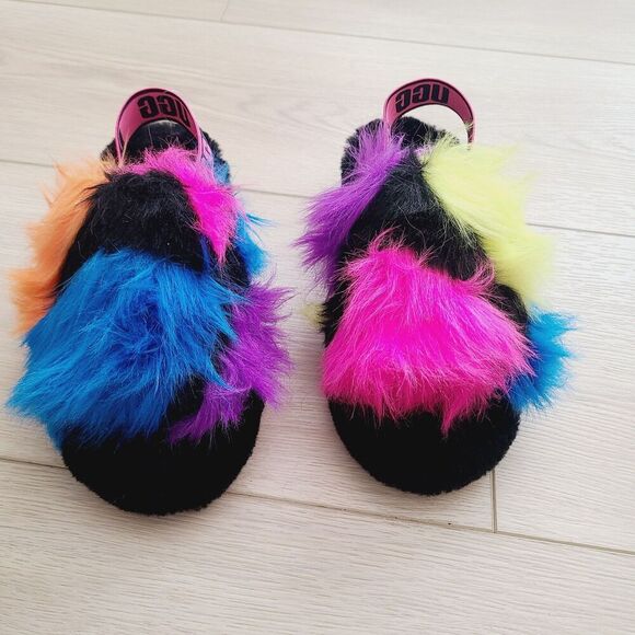 New Ugg Fluff Yeah Party Spots Slide Slippers 7 Black Neon Multi Faux Fur - Picture 2 of 9
